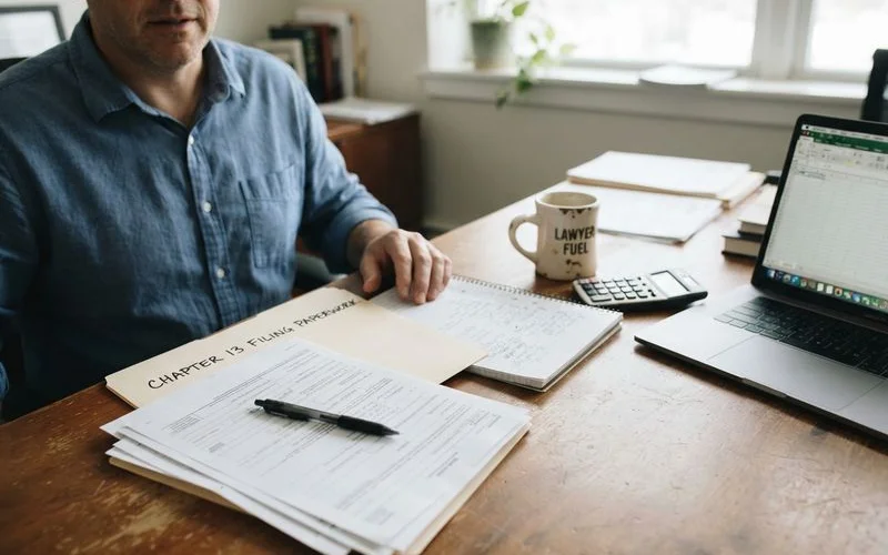 A stack of bankruptcy filing paperwork next to a calculator and a mortgage statement on a kitchen table