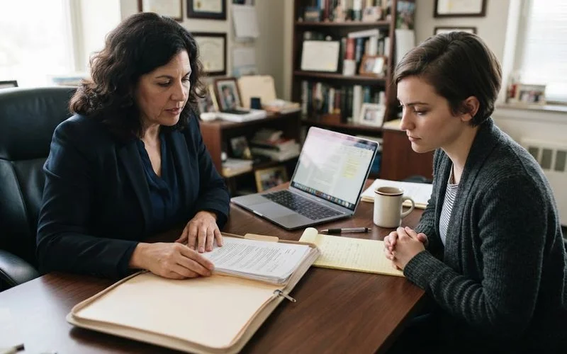 A client and attorney shaking hands after a case review meeting, with a case file and calendar visible on the table