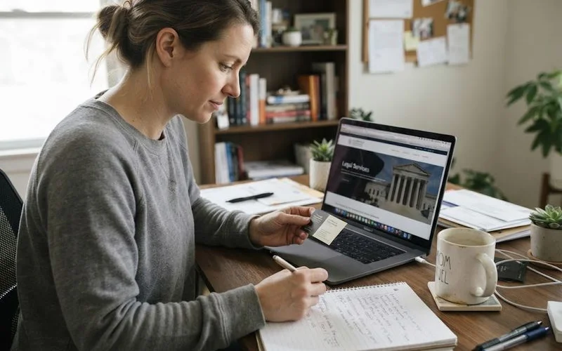 A person sitting at a kitchen table looking at foreclosure paperwork and a laptop, deciding whether to call an attorney