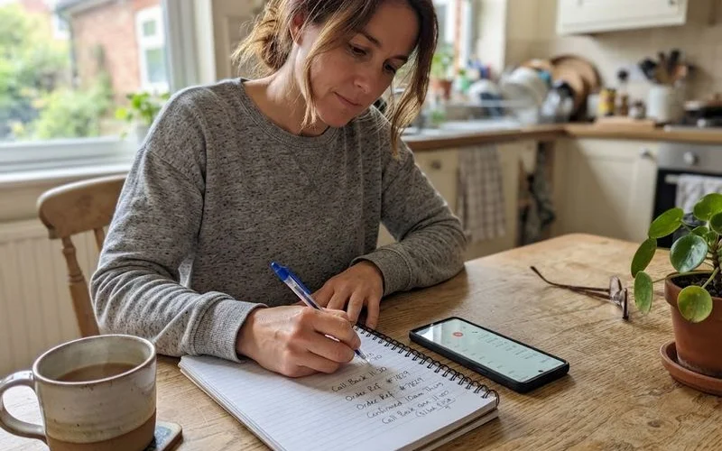 A person writing notes about a phone call on a notepad next to their phone and mortgage statements