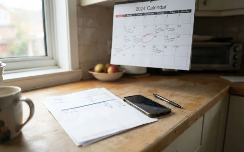 A calendar showing a 30-day window with a mortgage statement and phone nearby, representing the first month after a missed payment