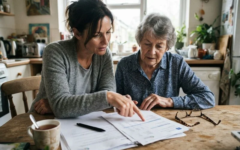 An adult child sitting with an older parent at a kitchen table, reviewing mortgage paperwork together