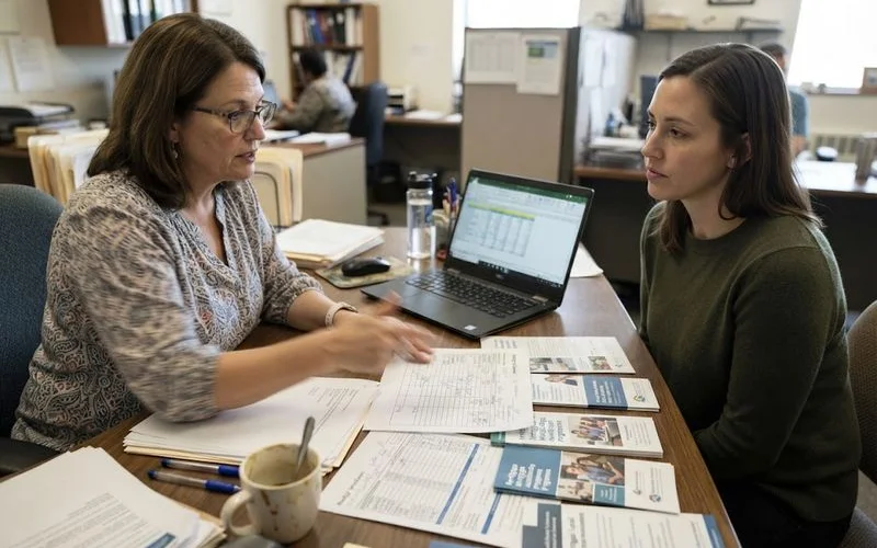 A housing counselor reviewing a budget worksheet with a homeowner at a community assistance office