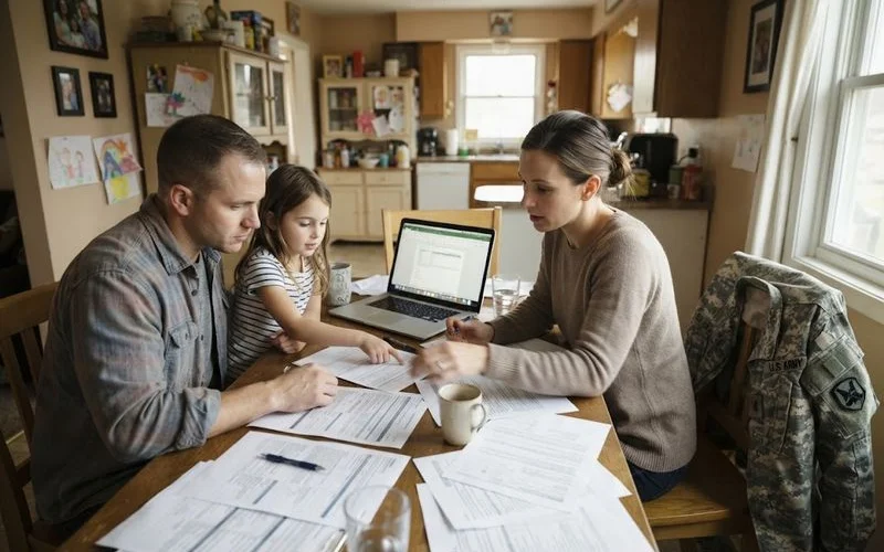 A servicemember in uniform reviewing mortgage paperwork at home with a laptop open
