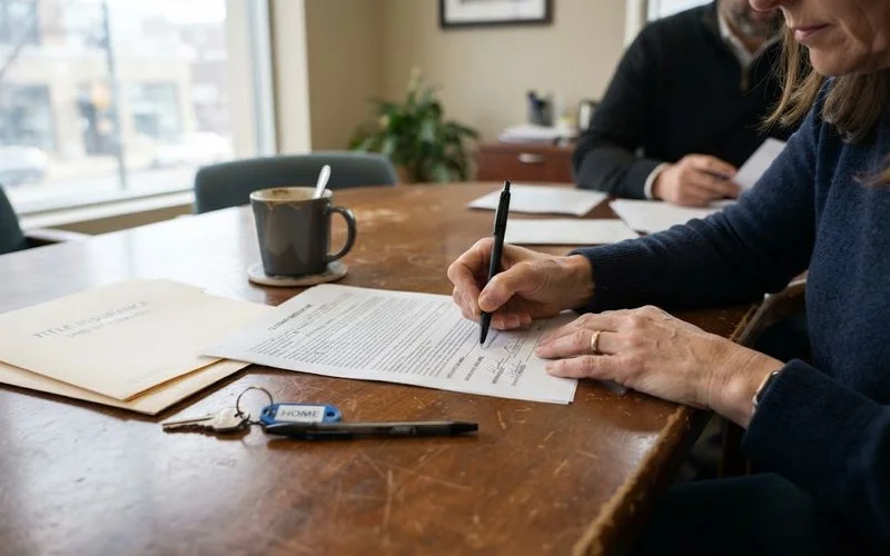 A buyer and seller signing closing documents at a table with an attorney reviewing paperwork nearby