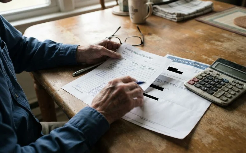 An older homeowner reviewing a fixed income budget and mortgage statement with a family member at the kitchen table