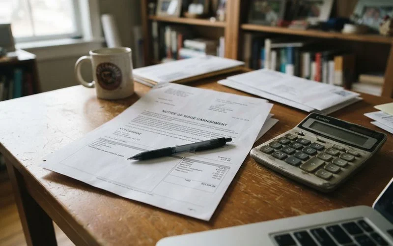 A person reviewing a court garnishment notice alongside a pay stub at a home office desk