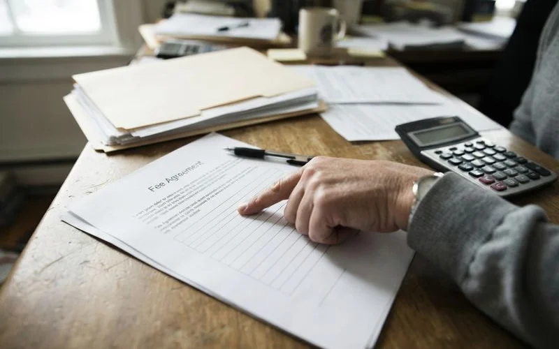 A homeowner and an attorney reviewing a foreclosure notice and fee agreement together at a desk with paperwork spread out