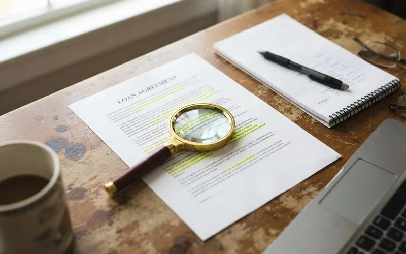 A magnifying glass over mortgage loan documents and a closing disclosure, representing a review for predatory lending or fraud red flags