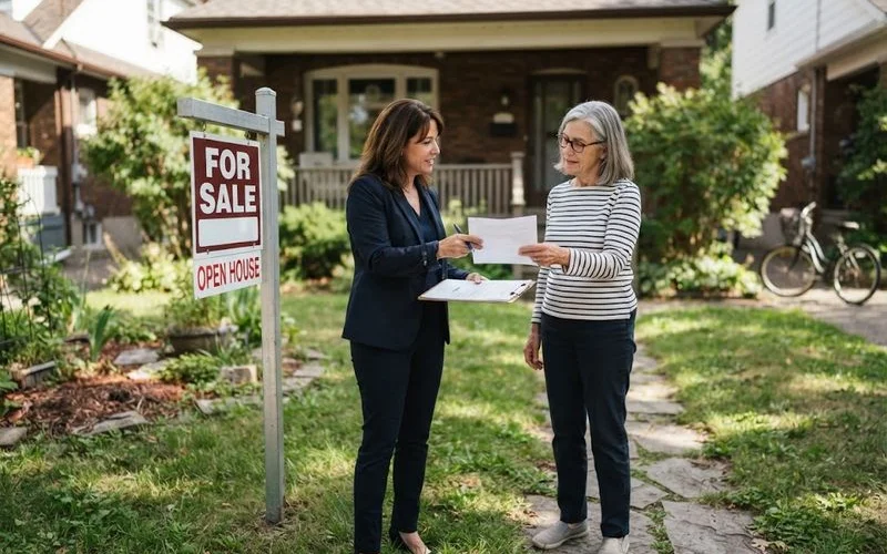 A for-sale sign in front of a house with a homeowner and real estate agent discussing paperwork on the porch